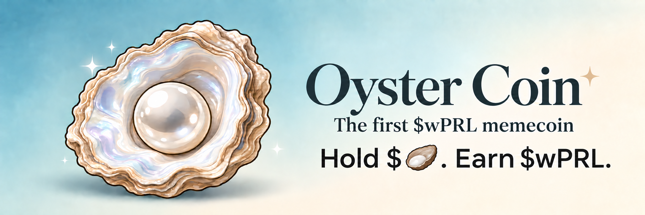 Oyster Coin — an illustrated oyster and pearl against an ocean blue and cream background